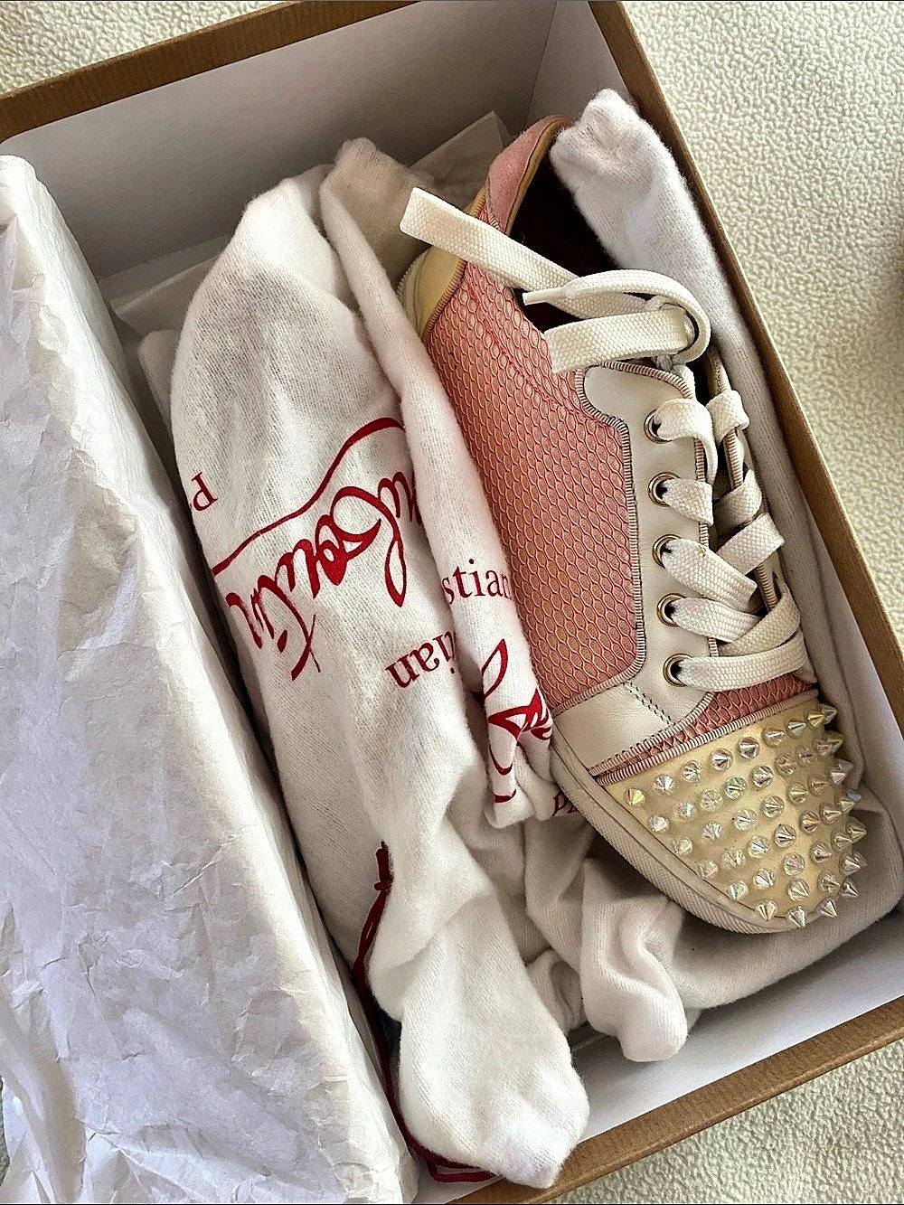 Christian Louboutin Louis Junior Spikes Orlato Pink Mesh Flat Sneakers Pink &